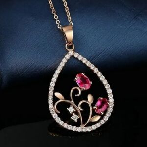 Rose Gold Plated Ruby Colored Stone Flower Pendant Necklace